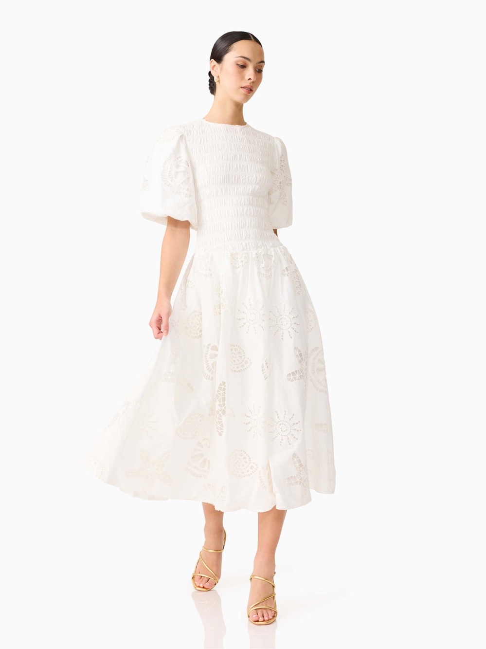 Elliatt Celine Puff Sleeve Maxi Dress in White Eyelet Size S NWT